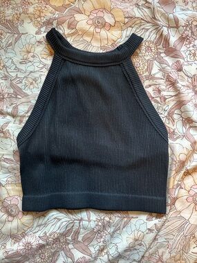 aerie Black Ribbed High-Neck Cropped Tank